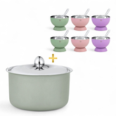 FNS Alwin Olive Green Stainless Steel Casserole 850 ml with Lid  and Mellora Multi Color dessert bowl Set of 6 with Spoon Combo for Home Dining and Kitchen
